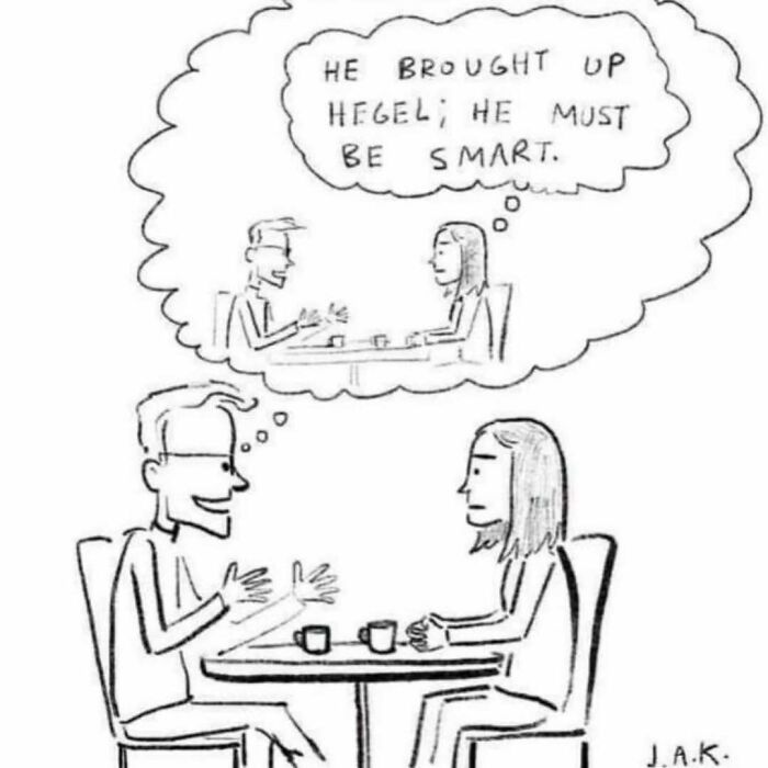 Black and white cartoon meme showing two people at a table, one thinking about someone mentioning Hegel, illustrating existential crisis memes.