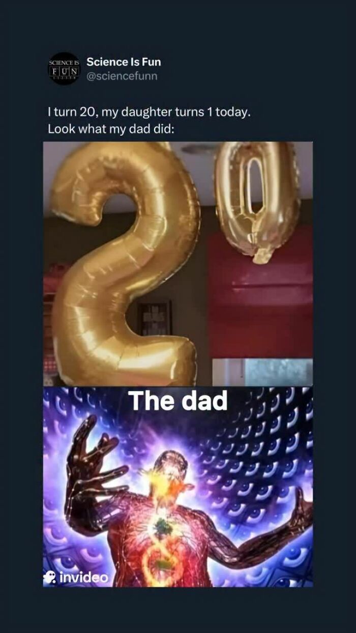Gold balloon numbers 2 and 0 with a glowing digital figure below, a science meme showing humor in scientific posts.