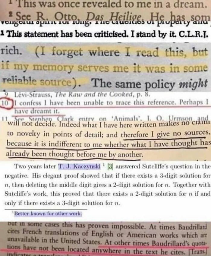 Highlighted text from a book page showing references and notes, related to memory and source reliability in existential crisis memes.