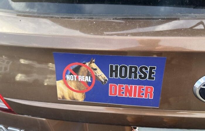 Sticker on a car bumper showing a horse with a "not real" symbol and the words horse denier, a cursed photo example.