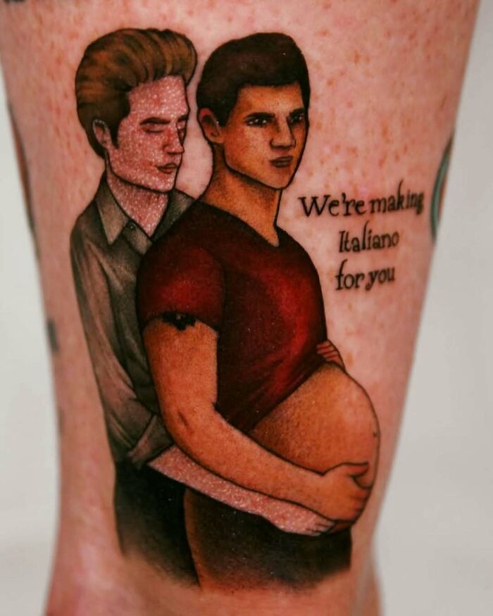 Tattoo ink fail showing two men, one with a distorted pregnant belly, with text containing a spelling error.