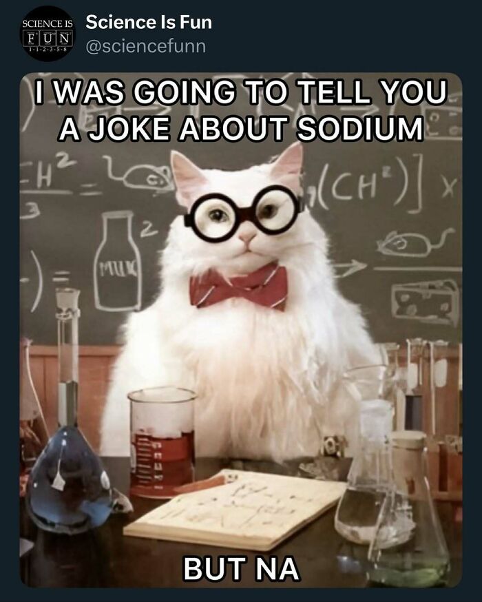 Cat wearing glasses and a bow tie in a chemistry lab with science memes and interesting posts about science fun.