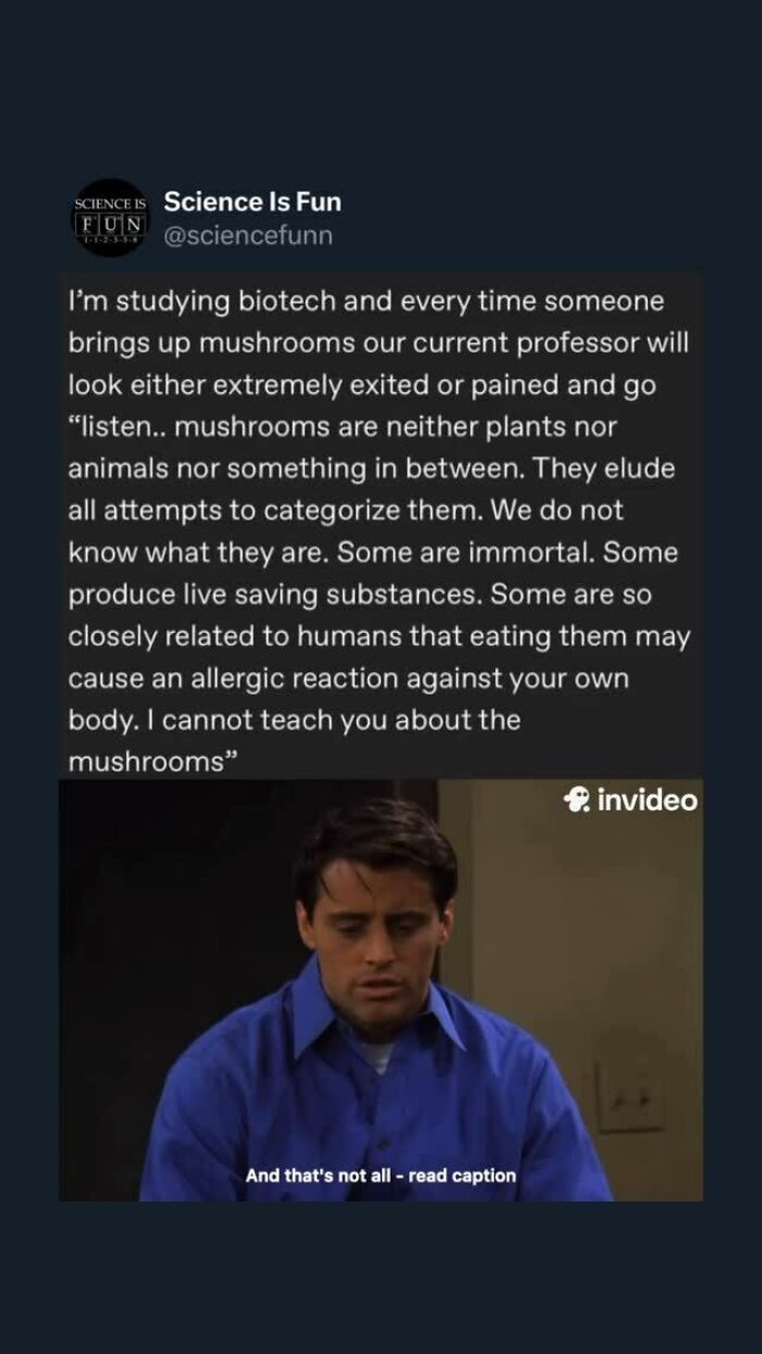 Science meme about mushrooms with a thoughtful character from a popular TV show, highlighting science fun content.