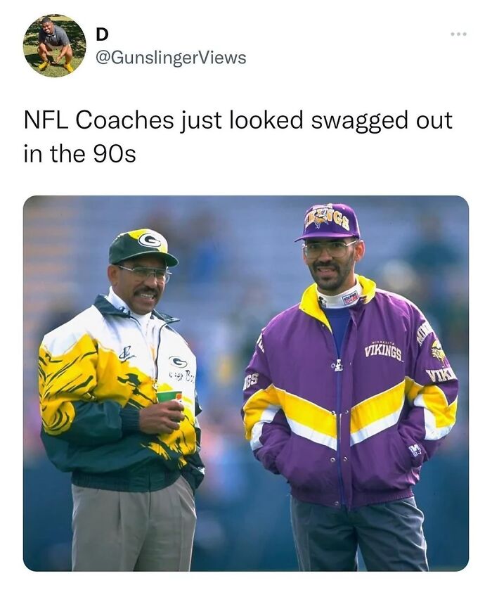 Two NFL coaches wearing iconic 90s sports jackets and caps, showing 90s style that no longer exists.