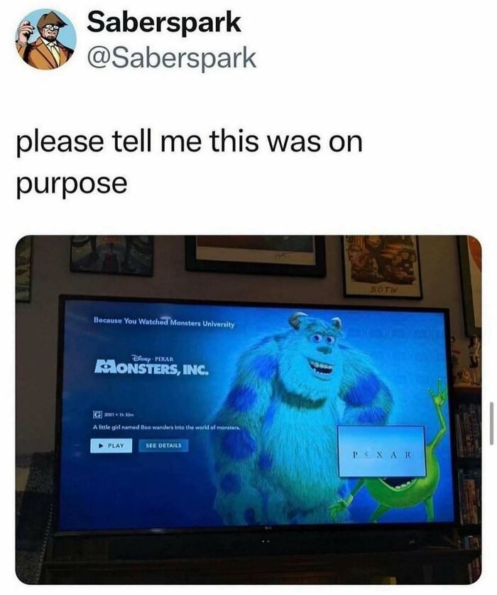 Tweet showing Monsters, Inc. on TV with characters and part of the screen obscured, reflecting nostalgia for the 90s.