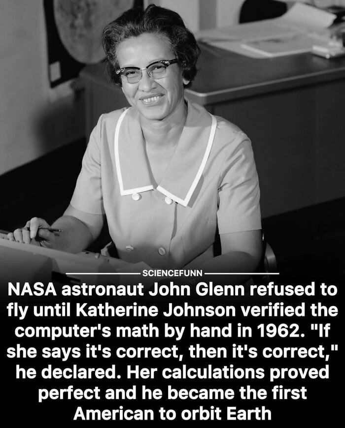 Black and white photo of Katherine Johnson smiling, highlighting science memes and interesting posts about space history.