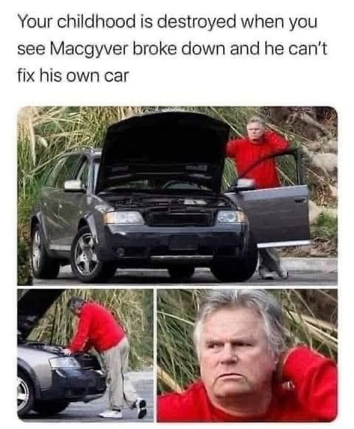 Man in red jacket next to broken-down car, reflecting on childhood memories from the 90s that don’t exist anymore.