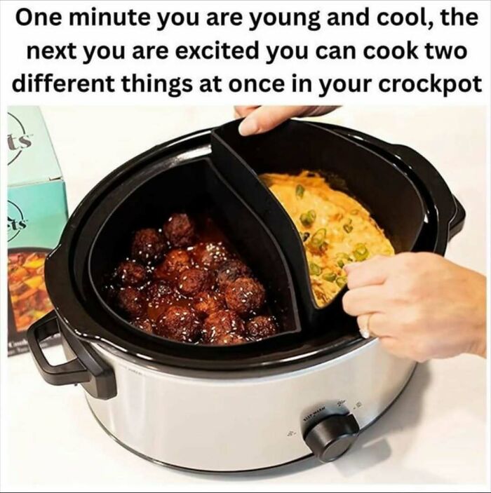 Slow cooker with two compartments cooking meatballs and casserole, perfect for food lovers enjoying meals and cooking more.