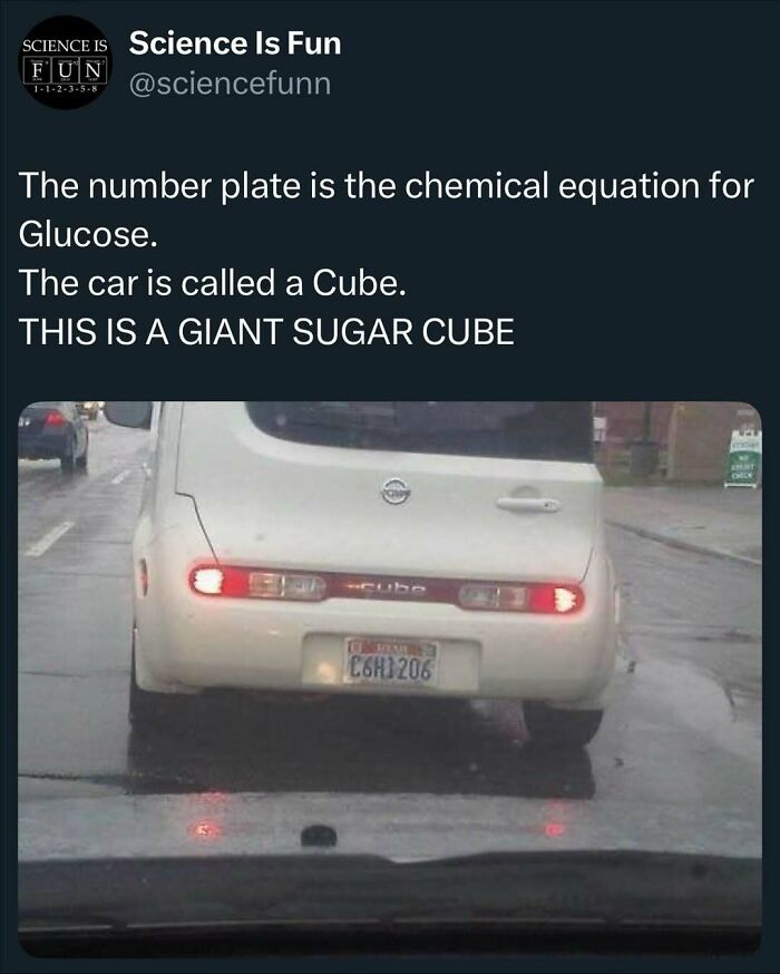 Car named Cube with license plate showing glucose chemical formula, combining science humor and memes for science enjoyment.