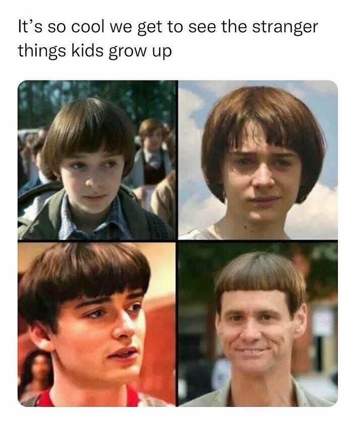 Four images showing the Stranger Things kids growing up, highlighting '90s nostalgia that no longer exists in our lives.