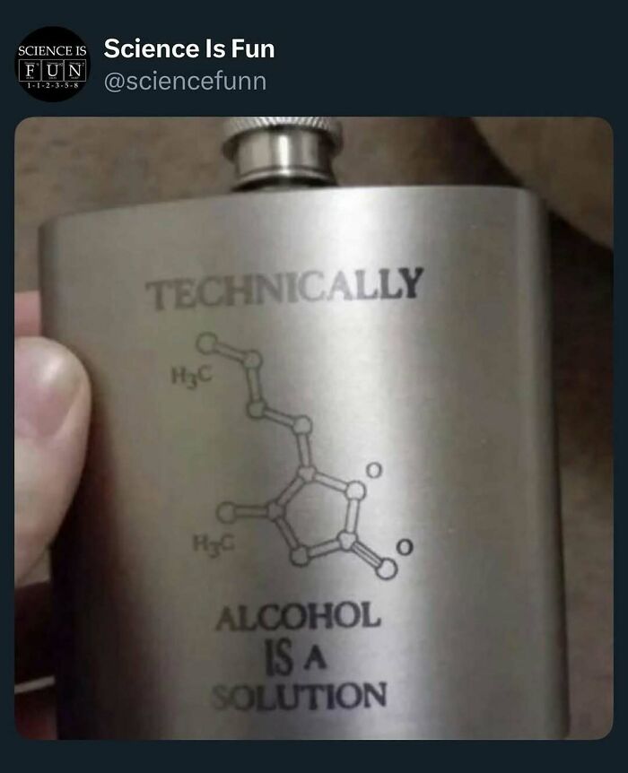 Flask with a chemical structure and caption humorously stating alcohol is a solution, science memes and posts concept.