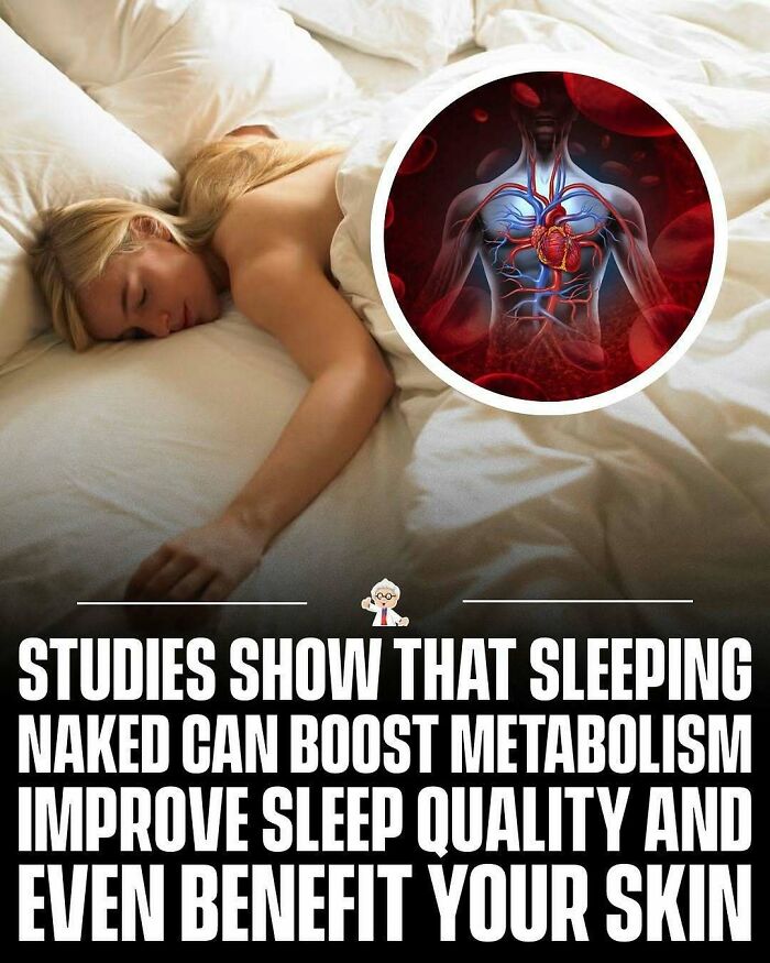 Woman sleeping naked in bed with a graphic of the circulatory system, highlighting wholesome and interesting health facts worldwide.