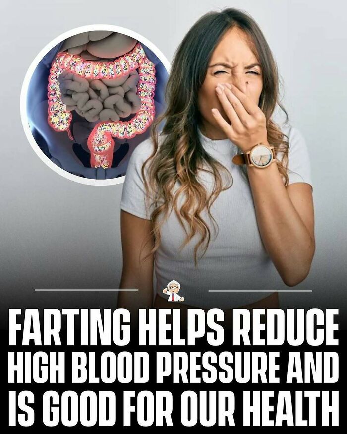 Woman holding nose due to farting with digestive system illustration, showing wholesome and interesting health facts.