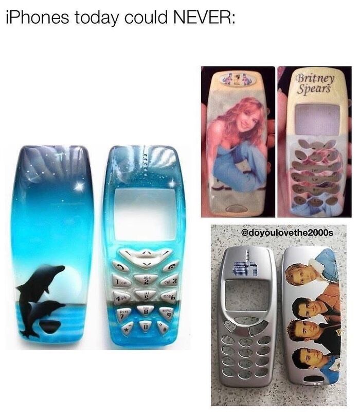 Retro 90s cell phones with custom painted covers featuring dolphins, Britney Spears, and popular 90s bands show nostalgic parts of life.