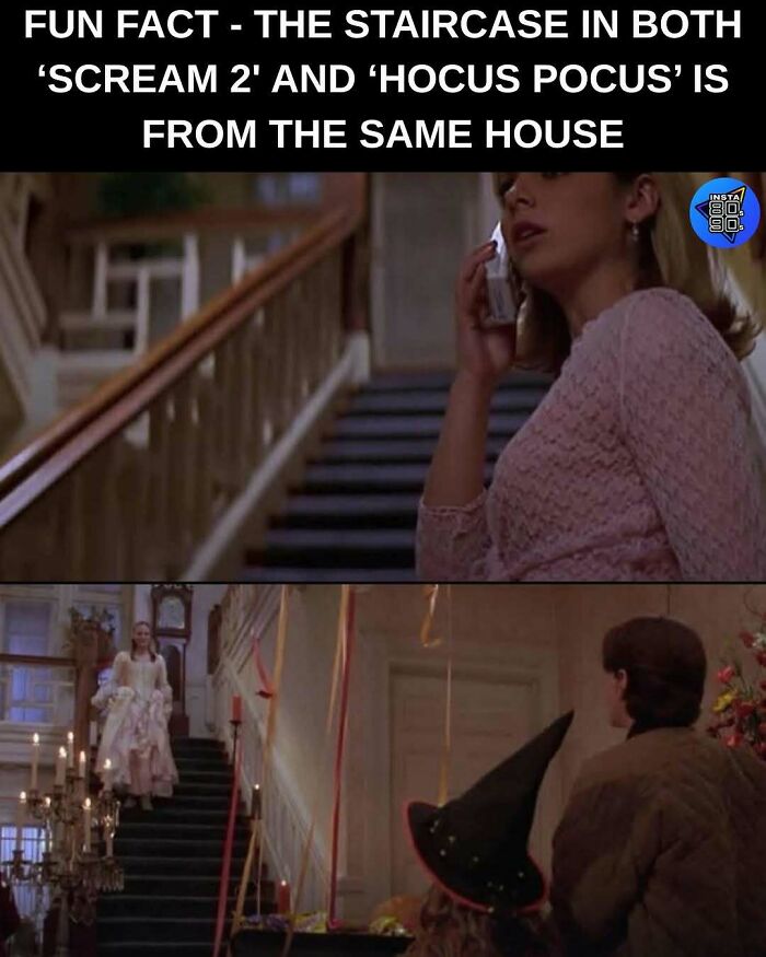Staircase from 90s movies Scream 2 and Hocus Pocus shown in scenes highlighting 90s nostalgia and memories.