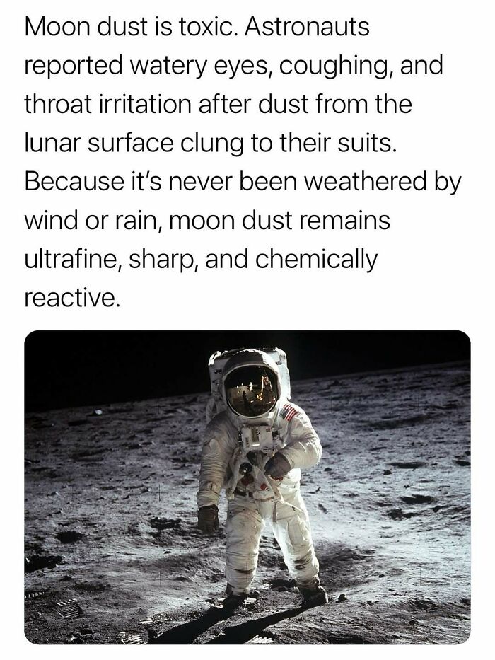 Astronaut on the lunar surface illustrating surprising facts about toxic moon dust and its effects on space suits.