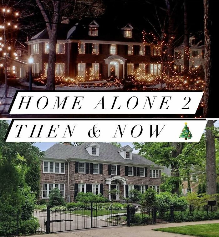 Famous 90s Home Alone 2 house shown in night holiday lights and daytime without decorations, from then and now.