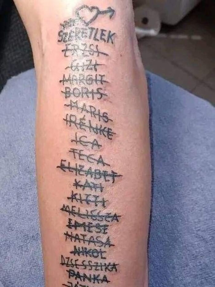 Tattoo ink fail showing multiple crossed-out names on a forearm, illustrating permanent regrets from bad ideas.