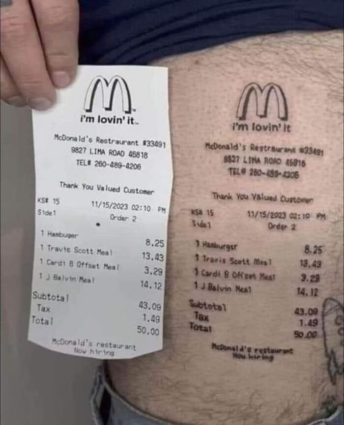 Receipt tattoo fail showing a McDonald's order inked on skin, illustrating permanent regrets from cheap ink fails.