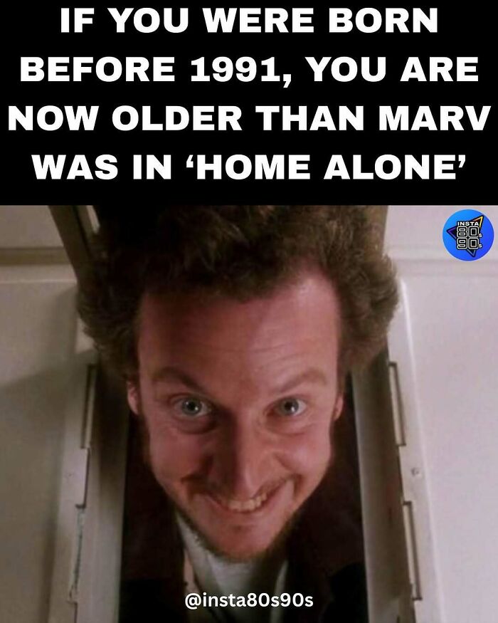 Scene from Home Alone showing a man smiling with text about being older than a character, highlighting 90s nostalgia posts.