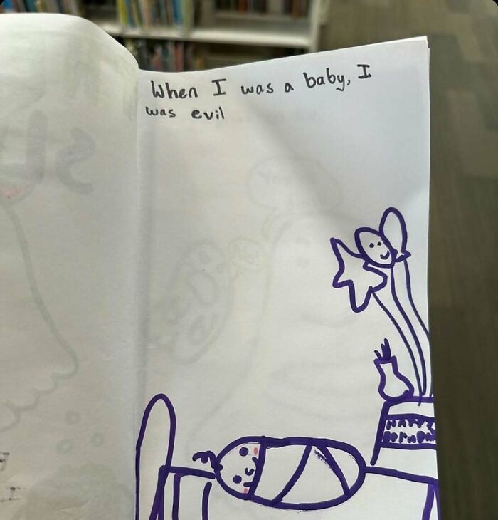 Hand-drawn cursed photo of a baby wrapped in a blanket with text saying when I was a baby I was evil.