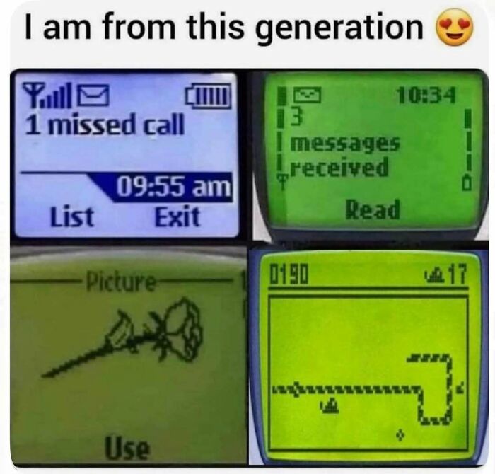 Screenshots of ‘90s mobile phone features showing missed calls, messages, pixel art, and classic snake game on LCD screens.