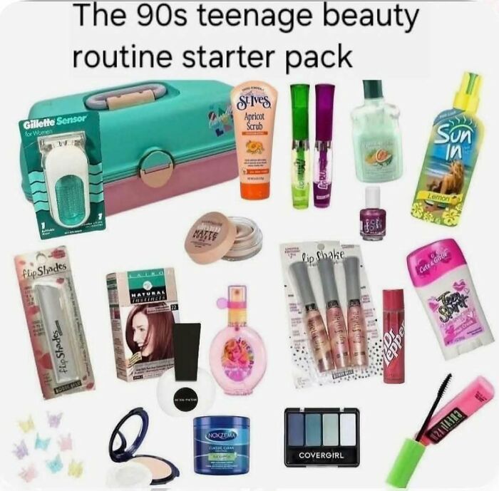 90s teenage beauty routine starter pack featuring vintage skincare, makeup, and hair products from the decade.