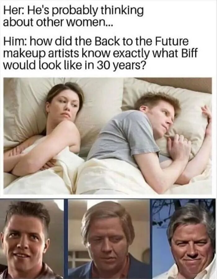 Couple in bed with man thinking about Back to the Future makeup artists predicting Biff aging, 90s nostalgia and memories.