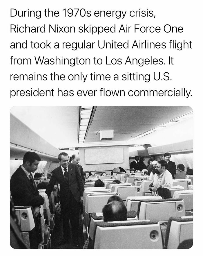 1970s energy crisis photo of Richard Nixon flying commercially on a United Airlines flight among passengers inside the plane cabin.