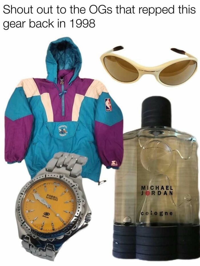 90s fashion essentials including a retro jacket, vintage sunglasses, classic Fossil watch, and Michael Jordan cologne.