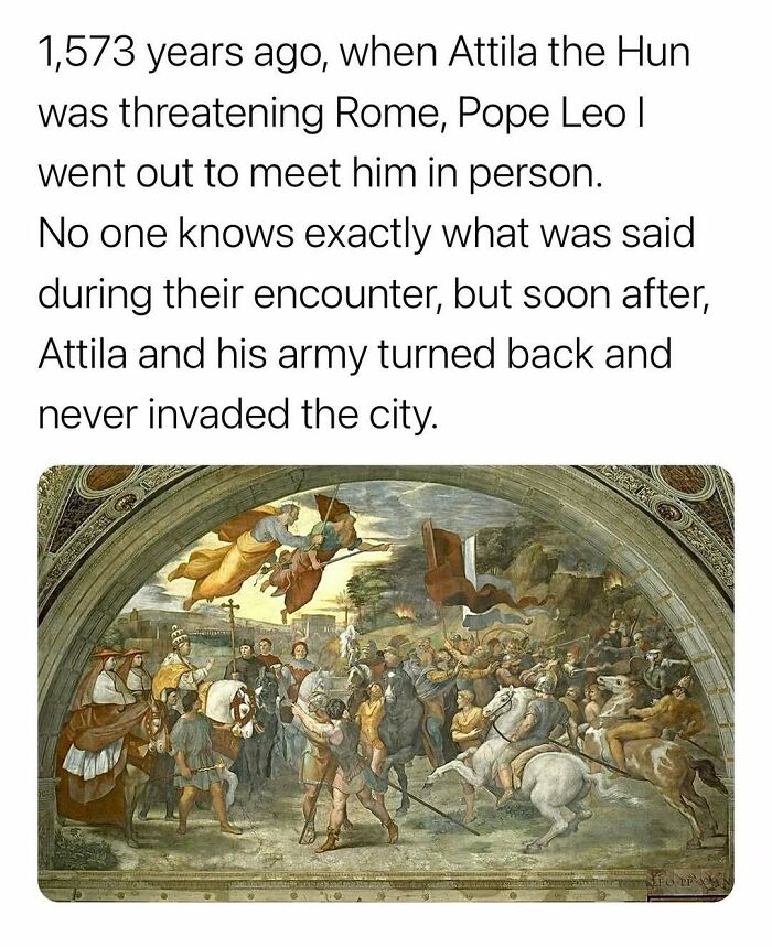 Historical painting showing Attila the Hun and Pope Leo I meeting, illustrating surprising facts from history you may not forget.