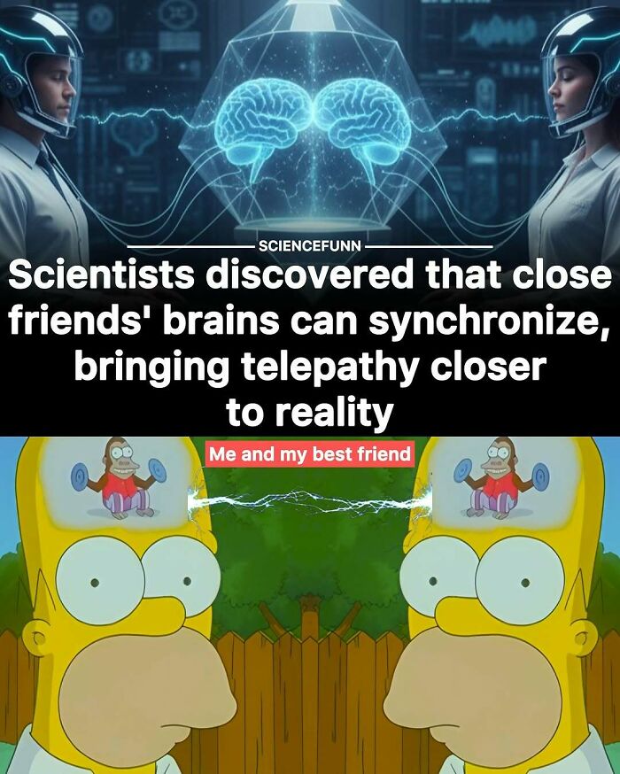 Two people and two cartoon characters with connected brains illustrating science memes about brain synchronization and telepathy.
