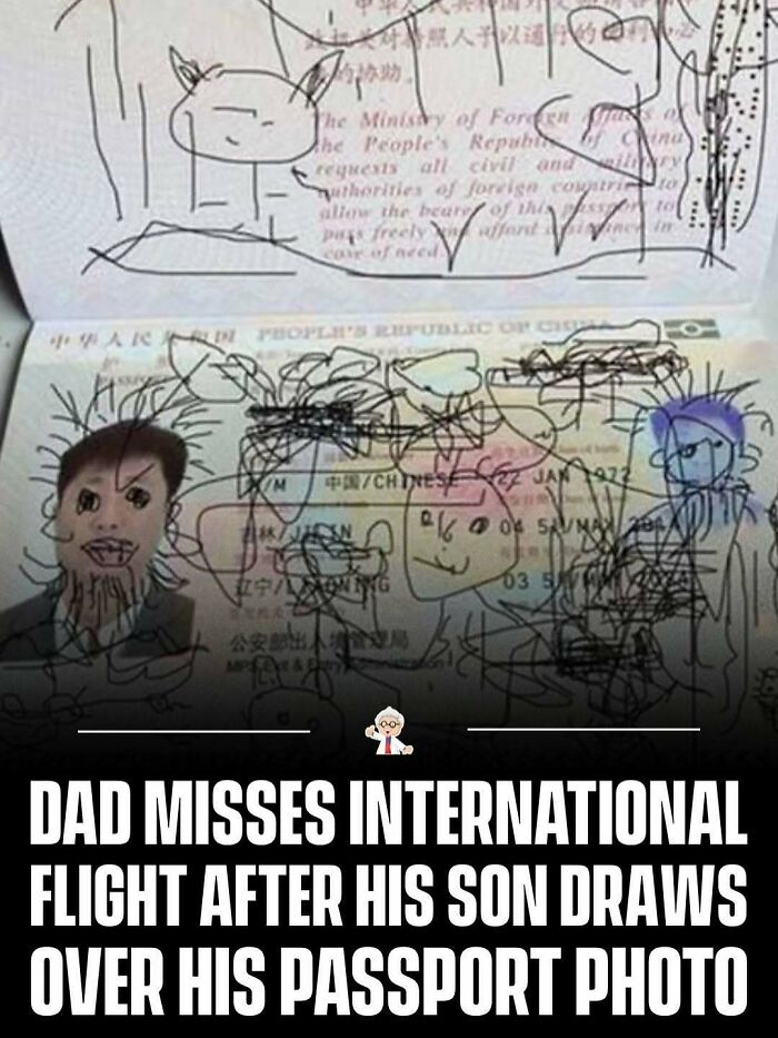 Passport photo covered in child’s drawings, a wholesome and interesting fact from all over the world about travel mishaps.