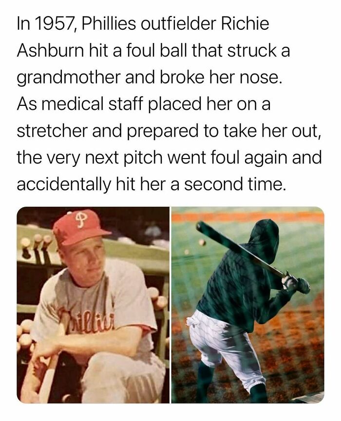 Phillies outfielder Richie Ashburn's surprising foul ball incident hitting a grandmother twice during a baseball game.