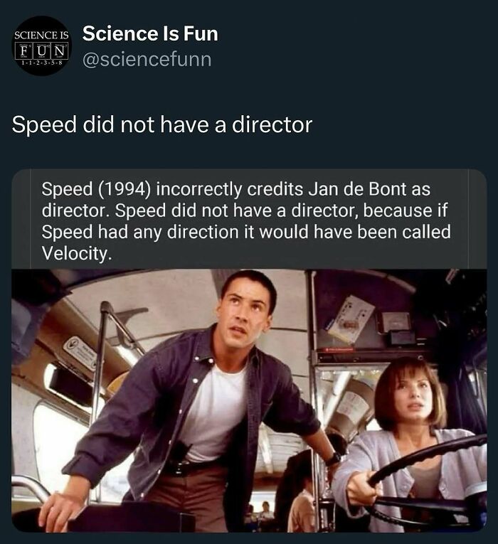 Meme explaining the movie Speed's title with a science fun theme, blending humor and interesting science posts.