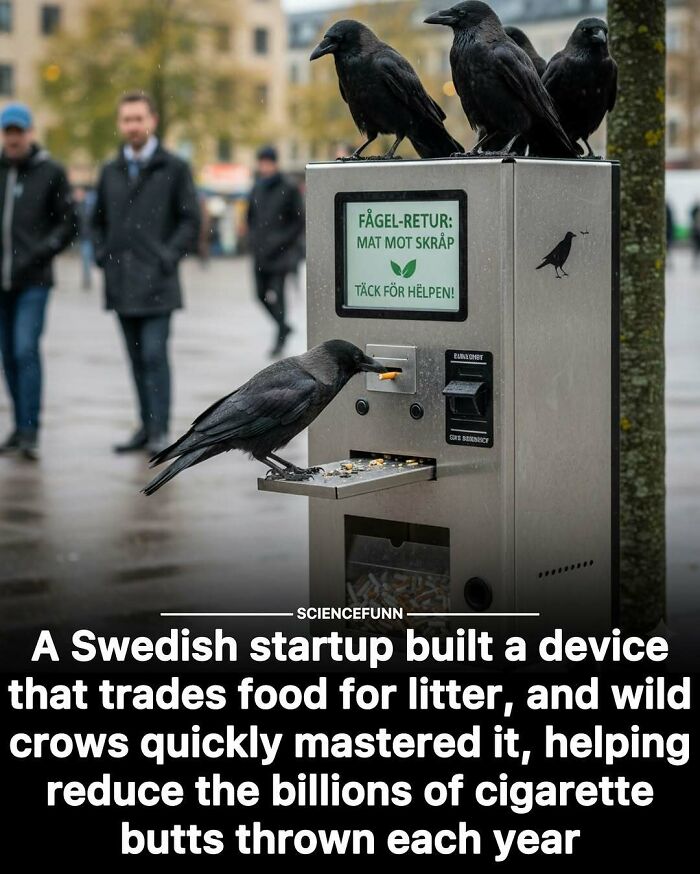 Wild crows use a device trading food for litter, showcasing science memes and interesting posts on innovative solutions.