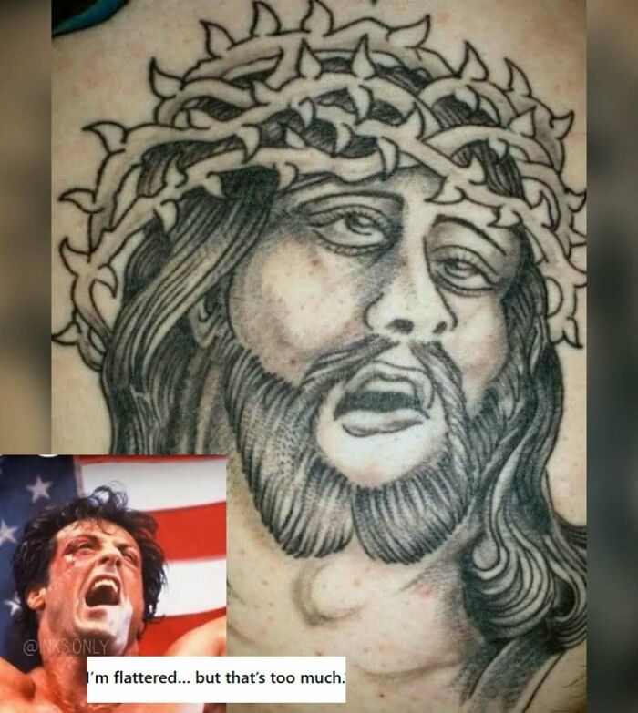 Tattoo ink fail of a distorted Jesus face with a crown of thorns, illustrating permanent regret from bad tattoo ideas.