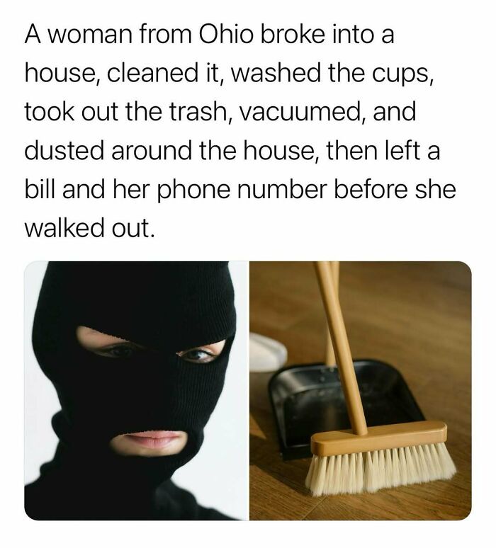 Woman wearing a black ski mask and a broom with dustpan on wooden floor, surprising facts about unusual housebreaking.