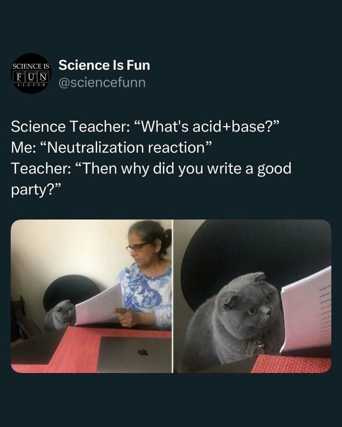 Funny science meme with a cat and a teacher, highlighting entertaining science memes and interesting posts about science.