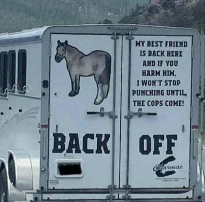 Horse trailer with a humorous warning and a partially obscured image of a horse's body missing its head and lower legs, cursed photo.