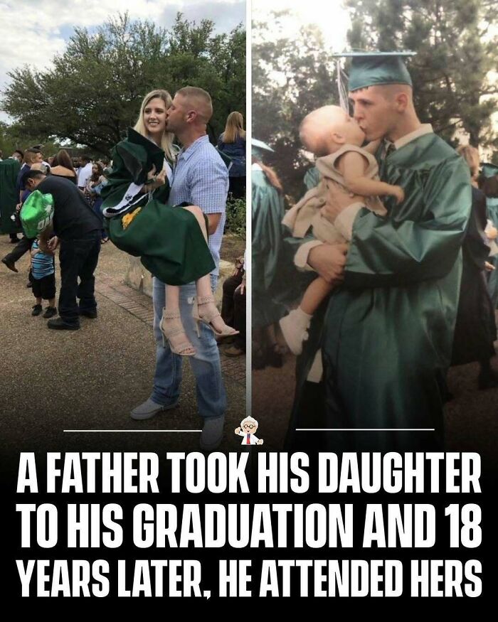 Father and daughter celebrate their graduations 18 years apart, showing wholesome and interesting moments worldwide.