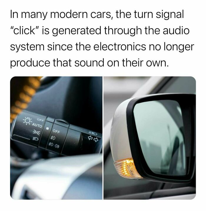 Modern car turn signal click sound generated through audio system with indicator lever and side mirror blinking light shown.