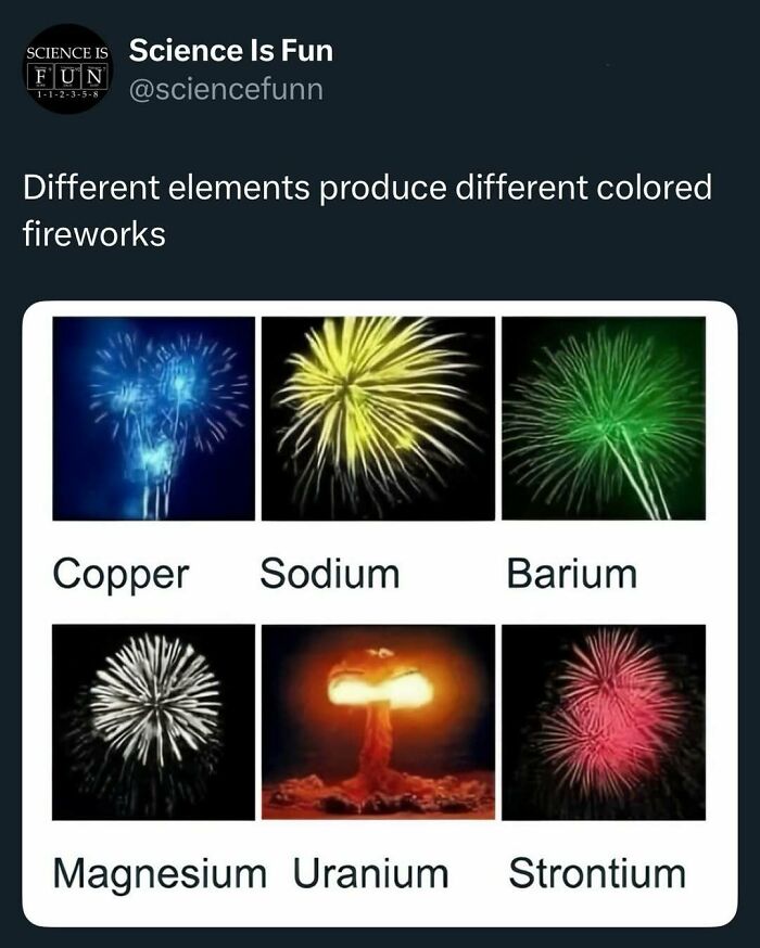 Science memes showing different elements producing colorful fireworks like copper blue, sodium yellow, and barium green bursts.