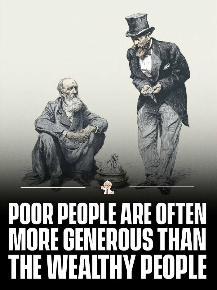 Illustration showing a wealthy man giving money to a poor man, highlighting wholesome facts about generosity worldwide.