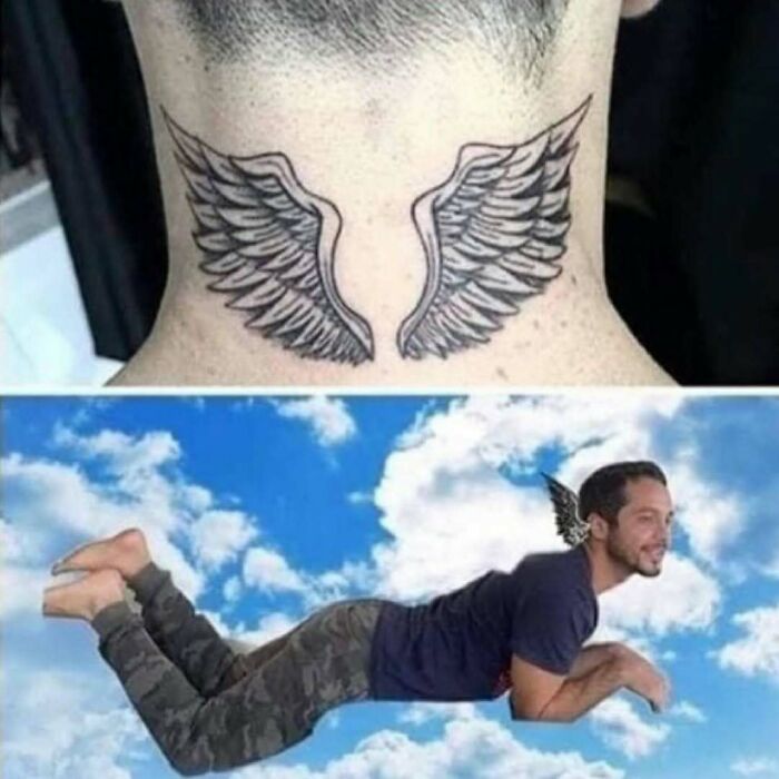 Tattoo ink fail of angel wings on neck, humorously edited to show man appearing to fly with ink wings in the sky.
