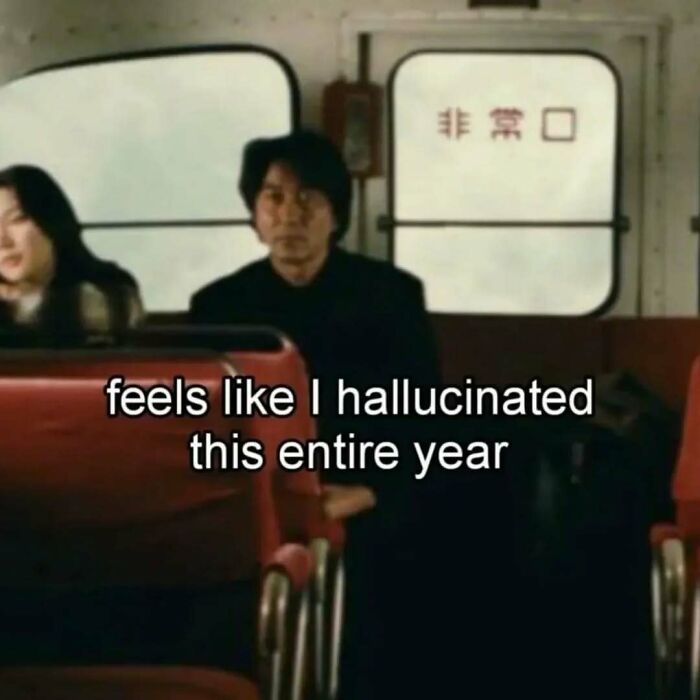 Man sitting alone on a bus with text about feeling like hallucinating the entire year, existential crisis meme concept.