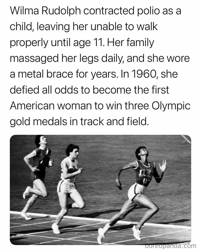 Wilma Rudolph defied odds winning three Olympic gold medals in track and field despite childhood polio challenges.