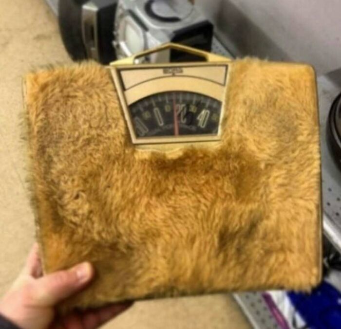 Furry vintage weighing scale held by hand, creating a cursed photo that makes zero sense and confuses the brain.