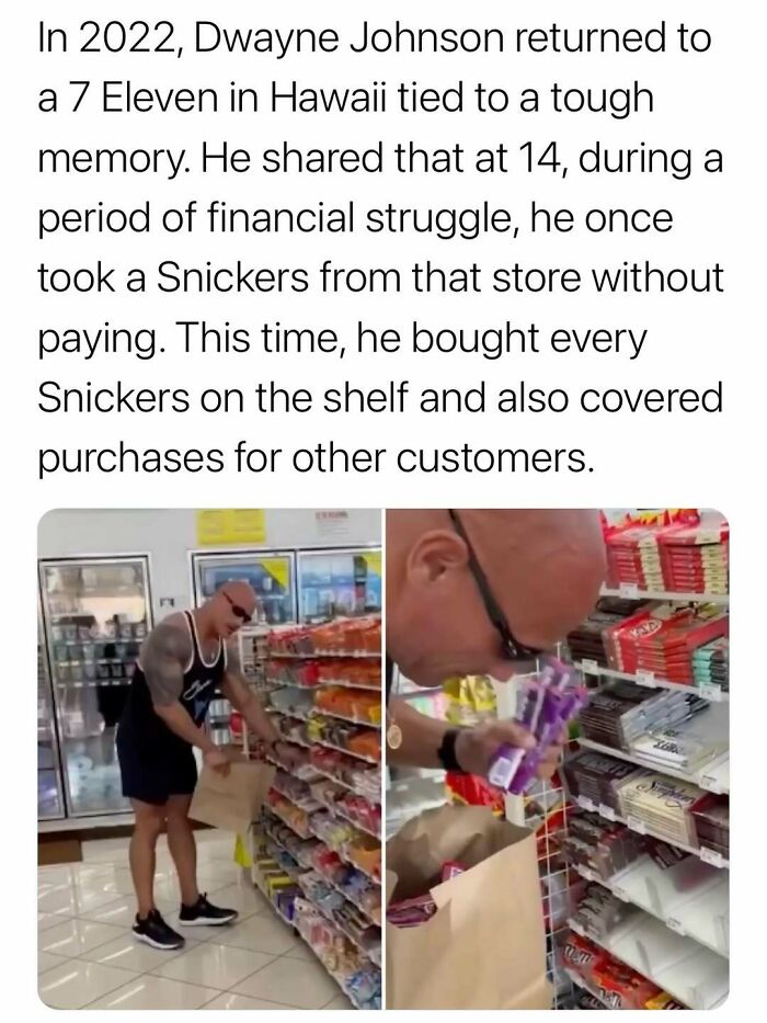 Dwayne Johnson shopping at 7 Eleven, buying Snickers bars and covering other customers' purchases in a generous act.