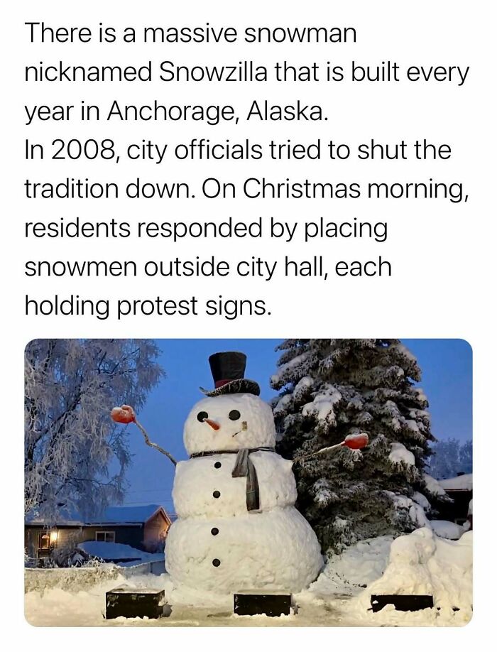 Massive snowman Snowzilla built annually in Anchorage, Alaska, with residents protesting to save the tradition.